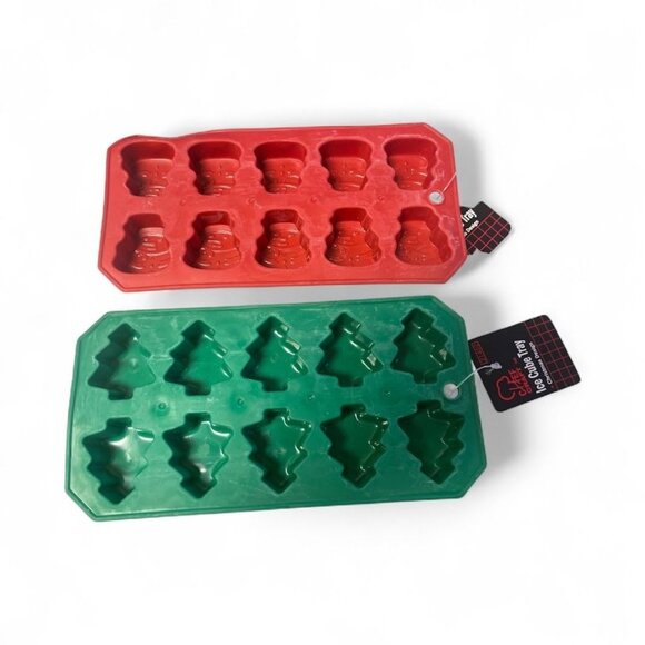 (2) Christmas Silicone Ice Cube Trays Set - Snowman & Tree Shapes - Picture 1 of 2